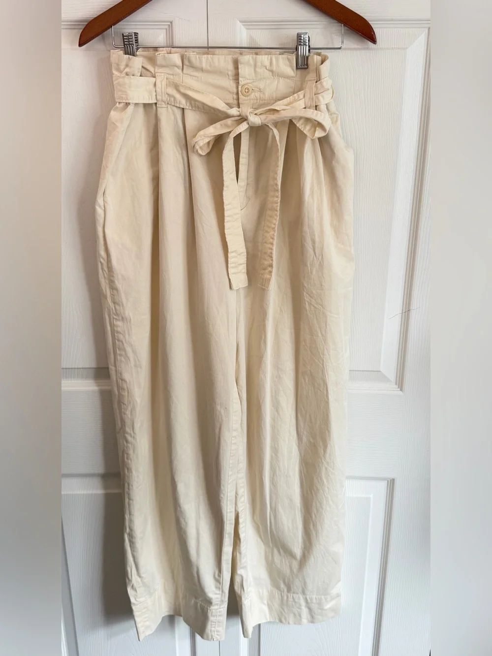 Everlane Organic Cotton Paperbag Pants Large Cream High Rise Tie Waist Wide Leg